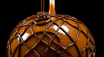Close-up of a caramel-covered apple with intricate chocolate detailing, perfect for dessert