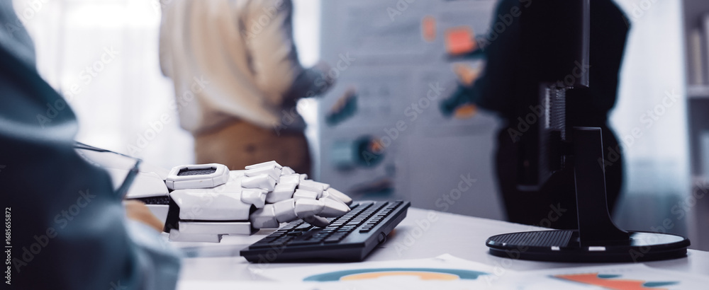 Poster this image captures a contemporary office scene where human and robotic interaction demonstrates the