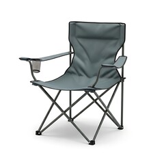 Gray folding camping chair with cup holder isolated on white background