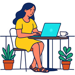 Woman Working on Laptop at Cafe A Vector Illustration of Remote Work and Modern Life