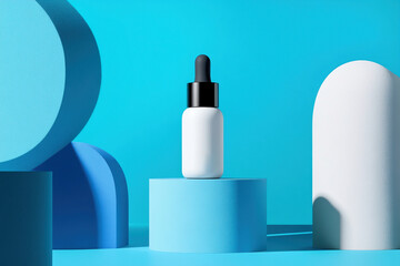 Mockup of dropper bottle for skincare serum displayed on blue geometric shapes with modern minimal background. Beauty product concept.