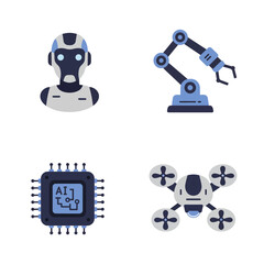A collection of flat design vector icons depicting concepts of artificial intelligence, robotics, automation, and drone technology