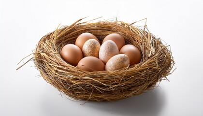 a nest filled with eggs made of straw on a white background