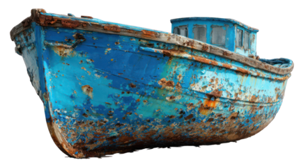 Rusty blue boat on black background