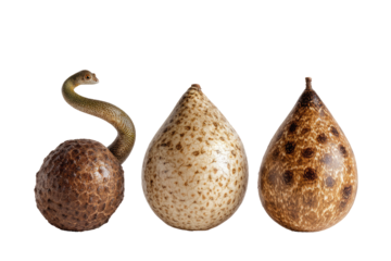 Three teardrop-shaped vessels, one with a snake emerging