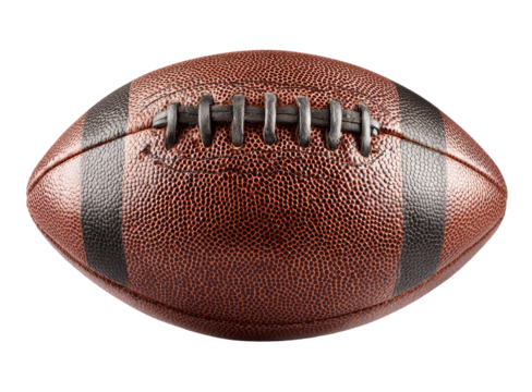 Close-up of a brown American football. Stitched leather ball, dark brown stripes. Perfectly centered against a black background