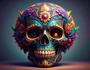 Vibrant, ornate skull adorned with colorful flowers and intricate patterns