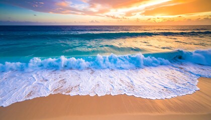 Stunning sunset over ocean waves crashing on a sandy shore