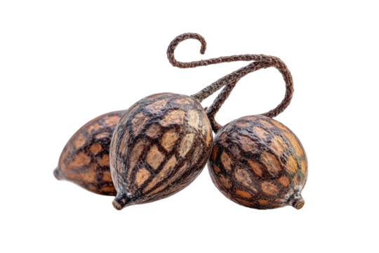 Close-up of three clustered seed pods,  dark-tan/brown,  with intricate patterns and twisted stems