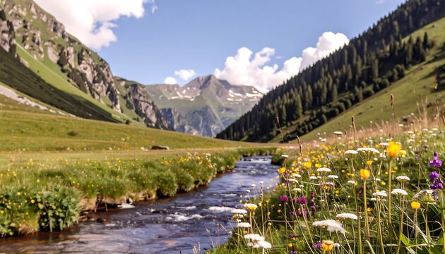 Mountain stream valley in wildflowers