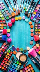 Vibrant cosmetic palette on blue background with colorful makeup brushes and lipsticks surrounding it