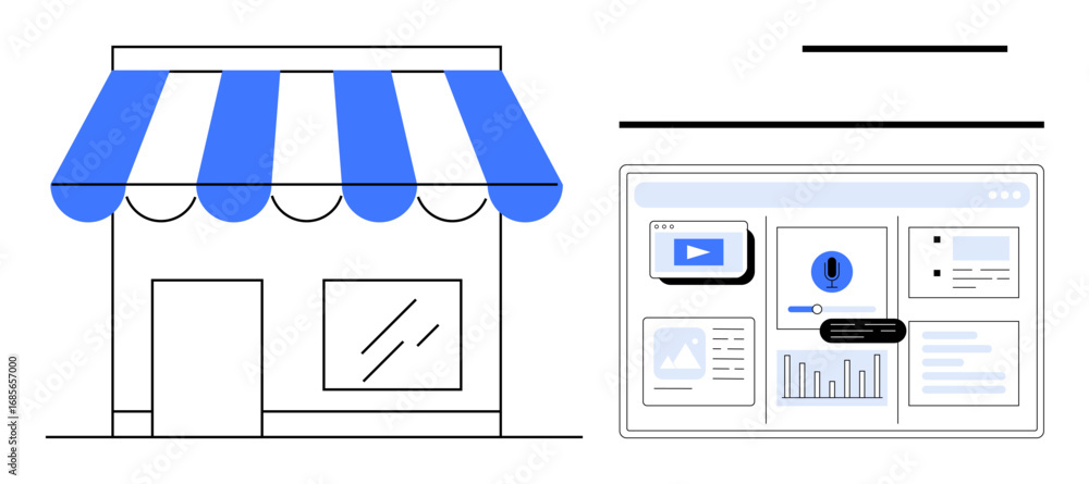 Aufkleber storefront with striped awning paired with analytical dashboard featuring graphs and video interface