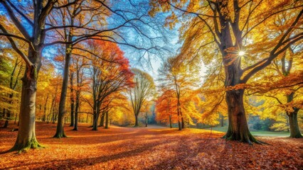 Fototapeta premium Serene forest landscape with vibrant autumn foliage and fallen leaves on the ground