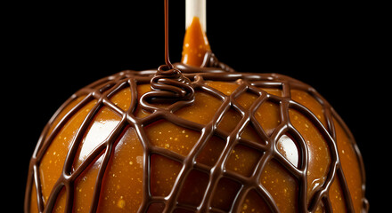 Delicious Caramel Apple with Chocolate Drizzle A Sweet Treat Against a Dark Background