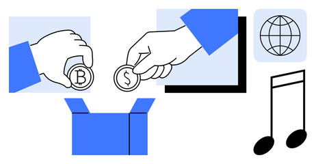 Hands holding cryptocurrency and dollar coins above an open box, with screen, globe, and music notes. Ideal for crowdfunding, global trade, digital finance, music industry, sharing partnership