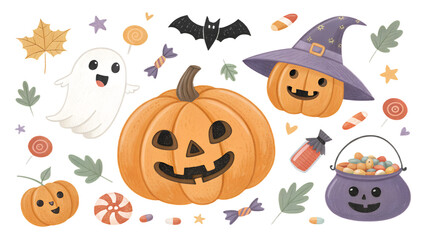 Halloween clipart set with carved pumpkins, witches, ghosts, bats and candy on transparent background