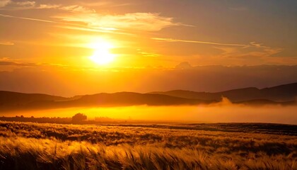 Fototapeta premium Golden sunset over a misty field