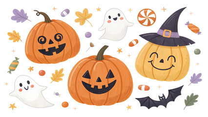 Halloween clipart set with carved pumpkins, witches, ghosts, bats and candy on transparent background