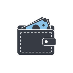 Classic bifold wallet icon with cash banknotes sticking out. A simple flat vector graphic symbolizing personal finance, payment, and wealth, isolated on a white background