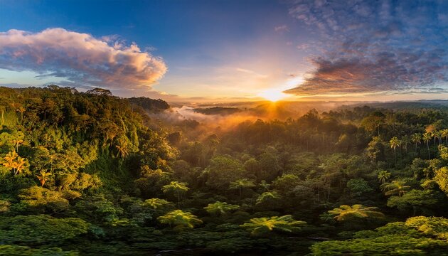 cenario de encantamento o nascer do sol transformando a floresta tropical em um espetaculo de cores e luz