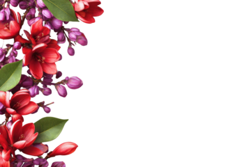 Close-up floral border of vibrant red and purple blossoms against a black background