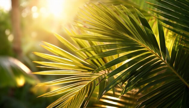 sunlit palm fronds a close up of tropical greenery with golden