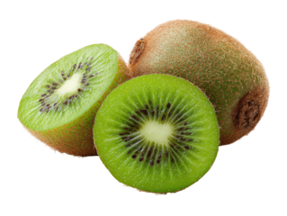 Two whole and two halves of fresh kiwifruit