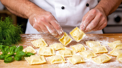 Fresh pasta preparation involves skilled chef crafting ravioli with precision. Flour dusts wooden surface, enhancing culinary atmosphere