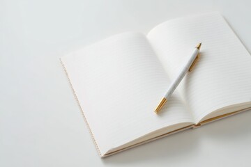 Blank Open Planner and Journal Mockup with Pen on White Surface