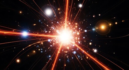 Abstract explosion of energy with bright light and sparks in the dark