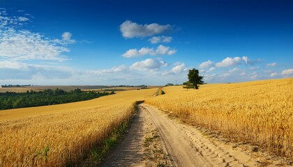 Fototapeta premium a scenic landscape featuring a dirt path through golden fields under a blue sky