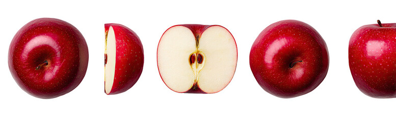 Red apples, whole and halved, displayed in a row