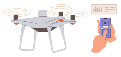Large quadcopter in flight with smartphone displaying unlock function and security lock. Bar chart provides data insights. Ideal for innovation, technology, connectivity, security, automation