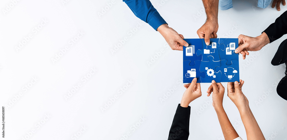 Aufkleber a group of diverse professionals collaborating on business management using digital tools, showcasin