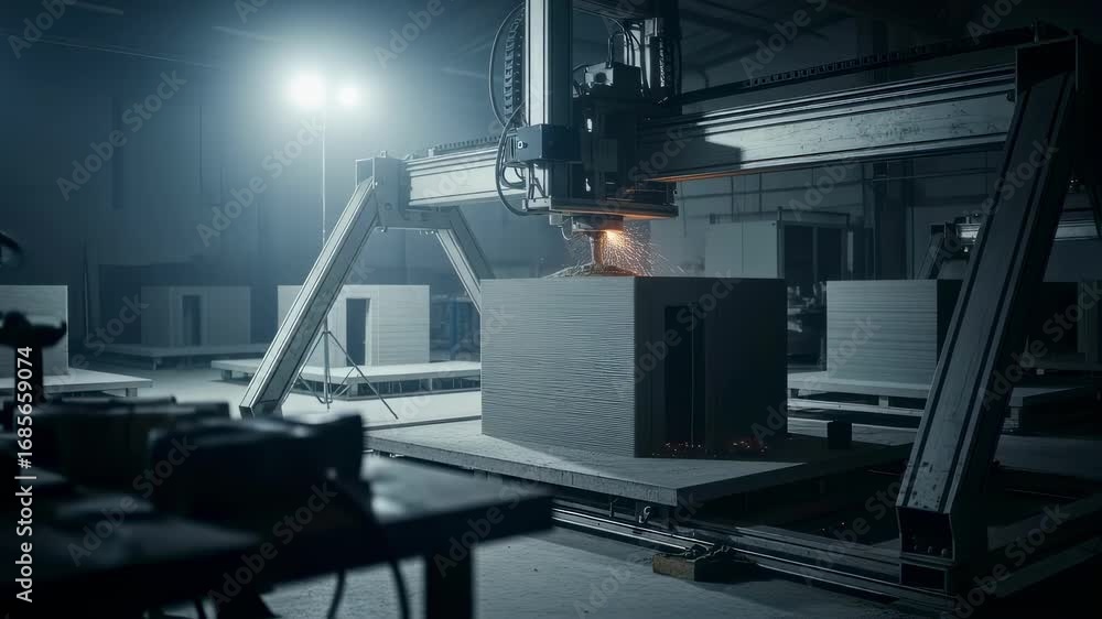 Poster interior view of a gantrybased printer constructing customized concrete modules for modular housing 