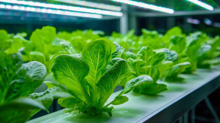 Fresh green salad grown under LED lamps on a modern indoor hydroponic farm
