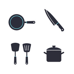 Set of essential kitchen cookware and utensil icons in a minimalist silhouette style. Vector graphics include a frying pan, chef's knife, spatula, and pot