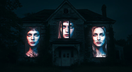 Three mysterious faces illuminated inside an abandoned house at night, creating a haunting atmosphere