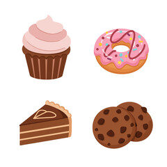 A delightful collection of cartoon dessert icons, including a frosted cupcake, sprinkled donut, slice of chocolate cake, and chocolate chip cookies