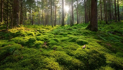 Obraz premium a realm where forest floor is adorned with a vibrant tapestry of emerald moss beckoning you to a thrilling journey of discovery and wonder