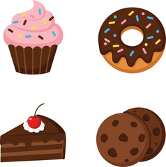 Sweet pastry and dessert icon set featuring a cartoon cupcake, chocolate donut, cake slice, and cookies. A flat vector graphic collection