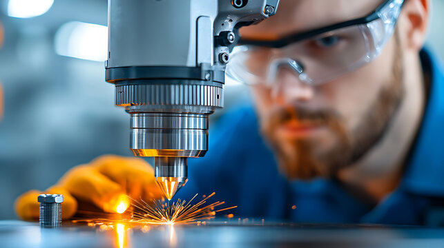 Precision metal cutting action industrial workshop photography high-tech environment close-up view manufacturing process