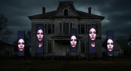 Mysterious Portraits Before a Haunted House at Night