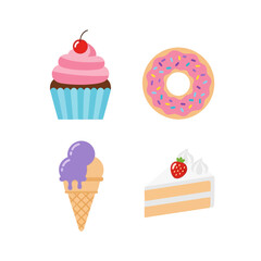 A colorful flat design vector set of sweet desserts. This collection includes a cupcake, a donut, an ice cream cone, and a slice of cake, isolated on a white background