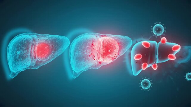 Detailed illustration of liver regeneration process showing healthy and damaged liver cells with viruses