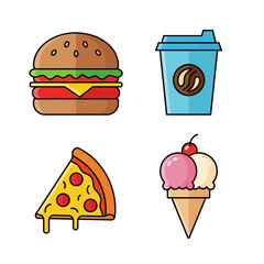 Delicious Cartoon Food Burger, Coffee, Pizza Slice, and Ice Cream Cone Vector Illustration