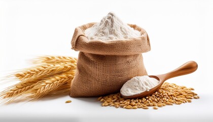 wheat grains in burlap sack with flour isolated on transparent background
