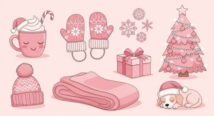 Illustrative soft pink winter holiday collection with kawaii aesthetic elements