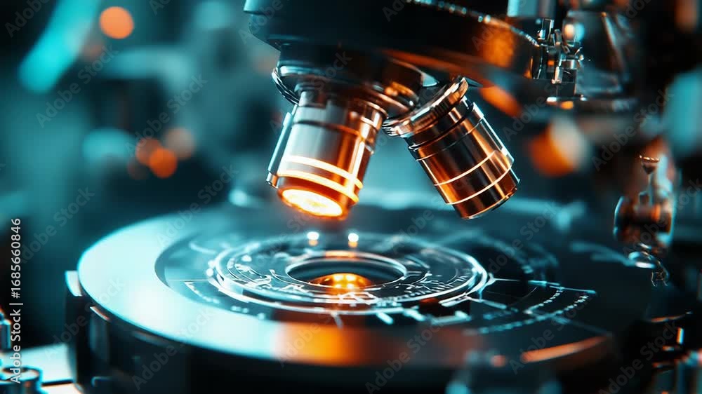 Poster modern microscope closeup illuminating sample slide in laboratory setting
