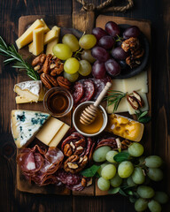 Gourmet cheese and charcuterie board. Assorted cheeses, grapes, nuts, and honey on rustic wooden table. Perfect for food blogs, restaurant menus, and culinary promotions.